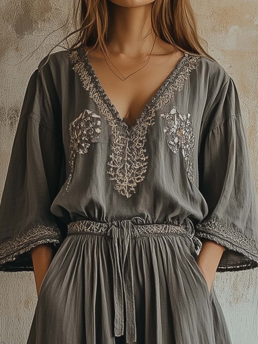 Boho Embroidered Elephant Grey Maxi Jumpsuit