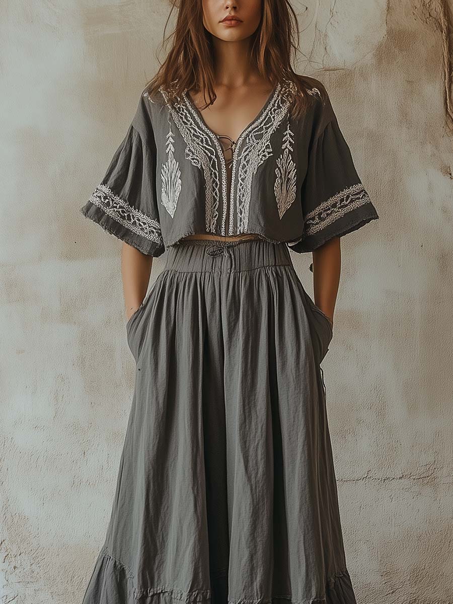 Boho Embroidered Two-Piece Maxi Set