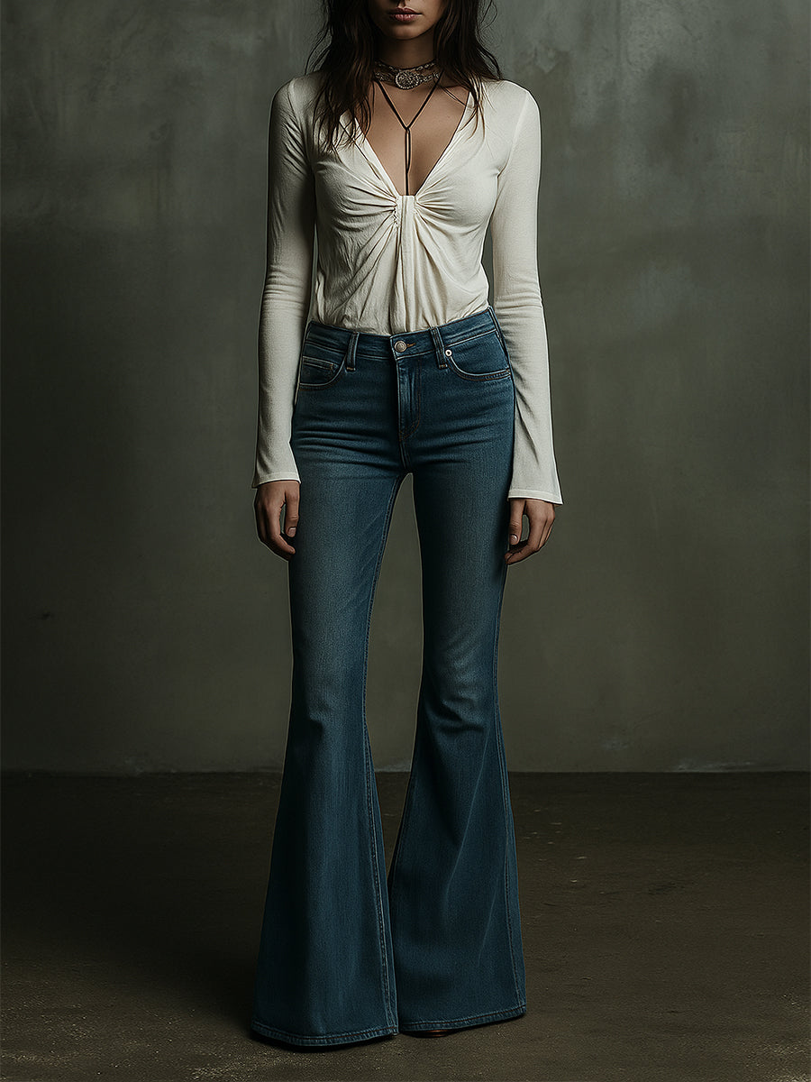 Quiet Luxury Vintage Washed Skinny Flared Jeans