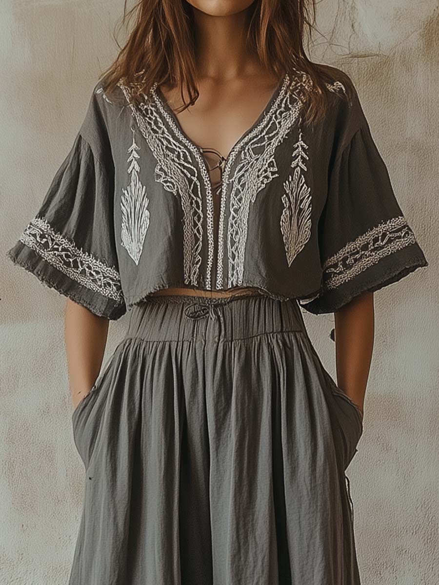 Boho Embroidered Two-Piece Maxi Set