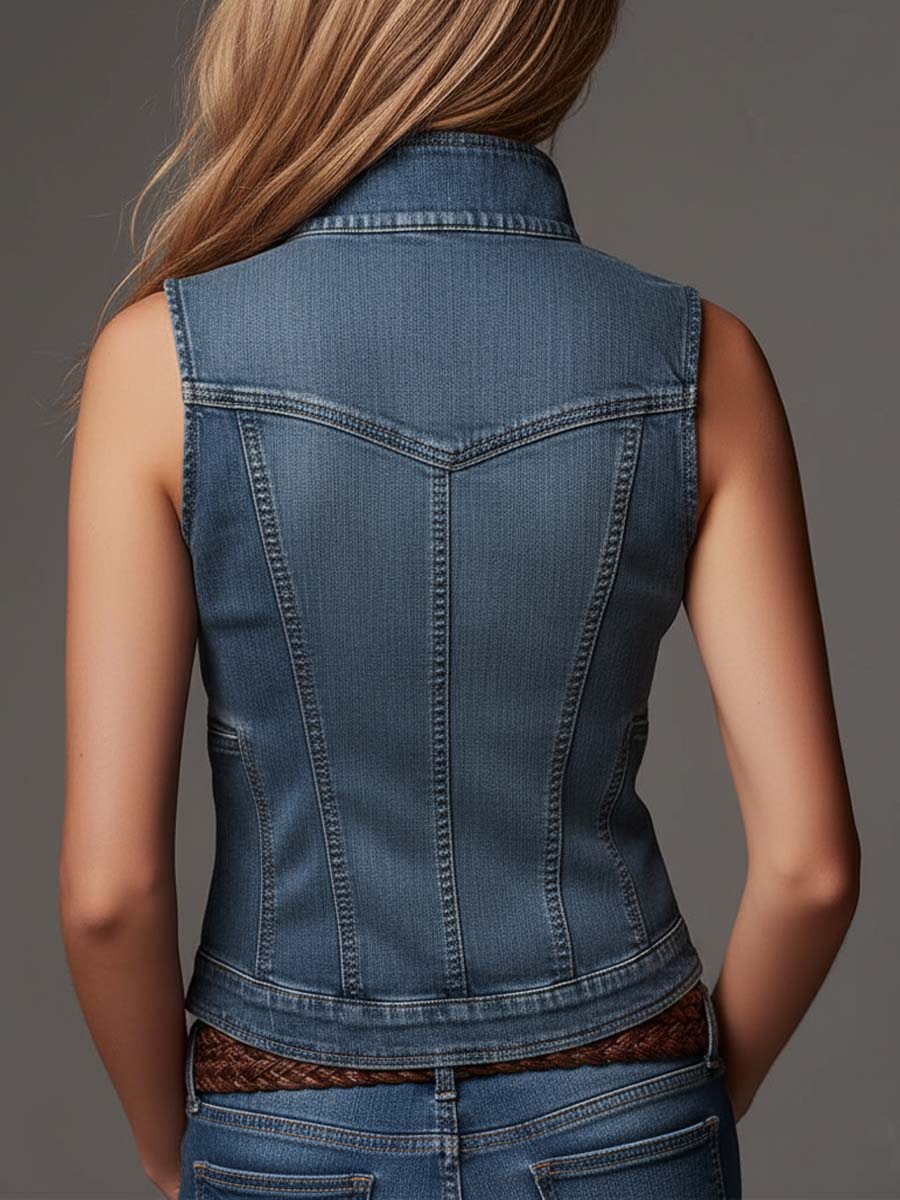 Bohemian Fitted Zip-Front Denim Vest