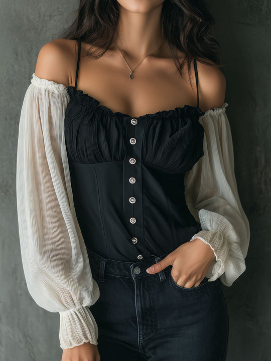 Retro Black Corset Blouse With Contrast Chiffon Sleeves