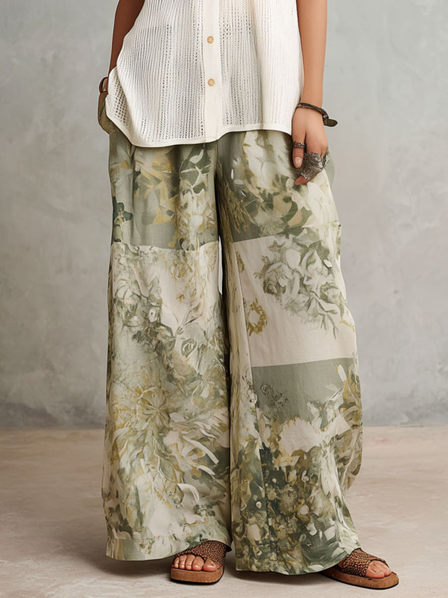 Boho Cream Knit Top And Sage Floral Patchwork Wide-Leg Pants Set
