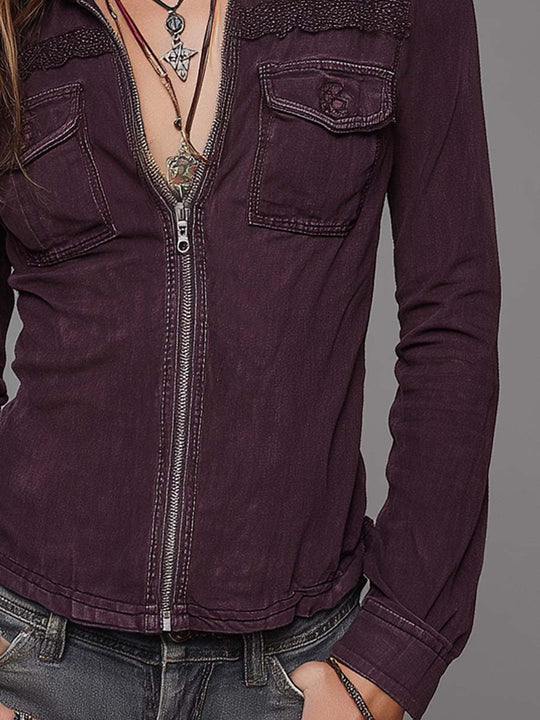 Vintage Washed Lace Pocket Denim Blouse