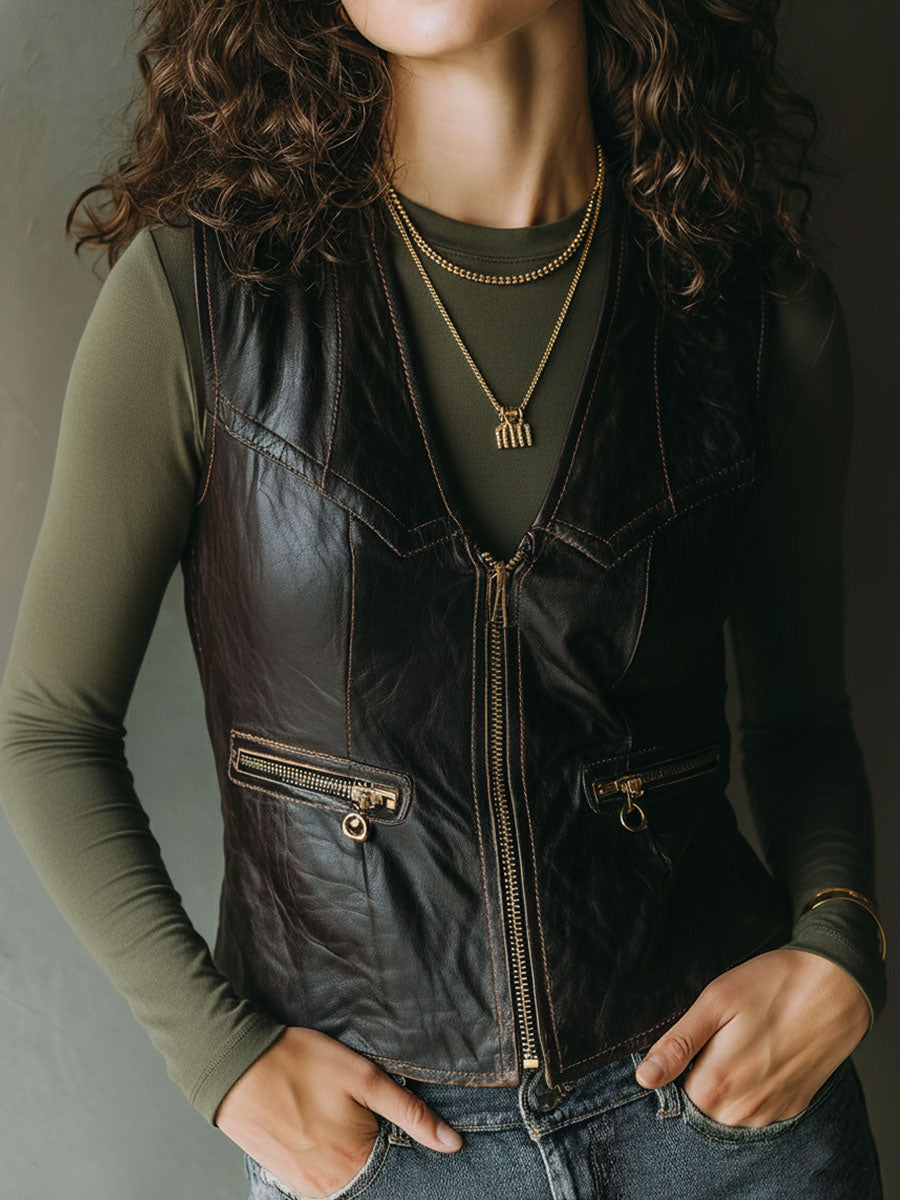 Edgy Chocolate Brown Eco Leather Zip Vest