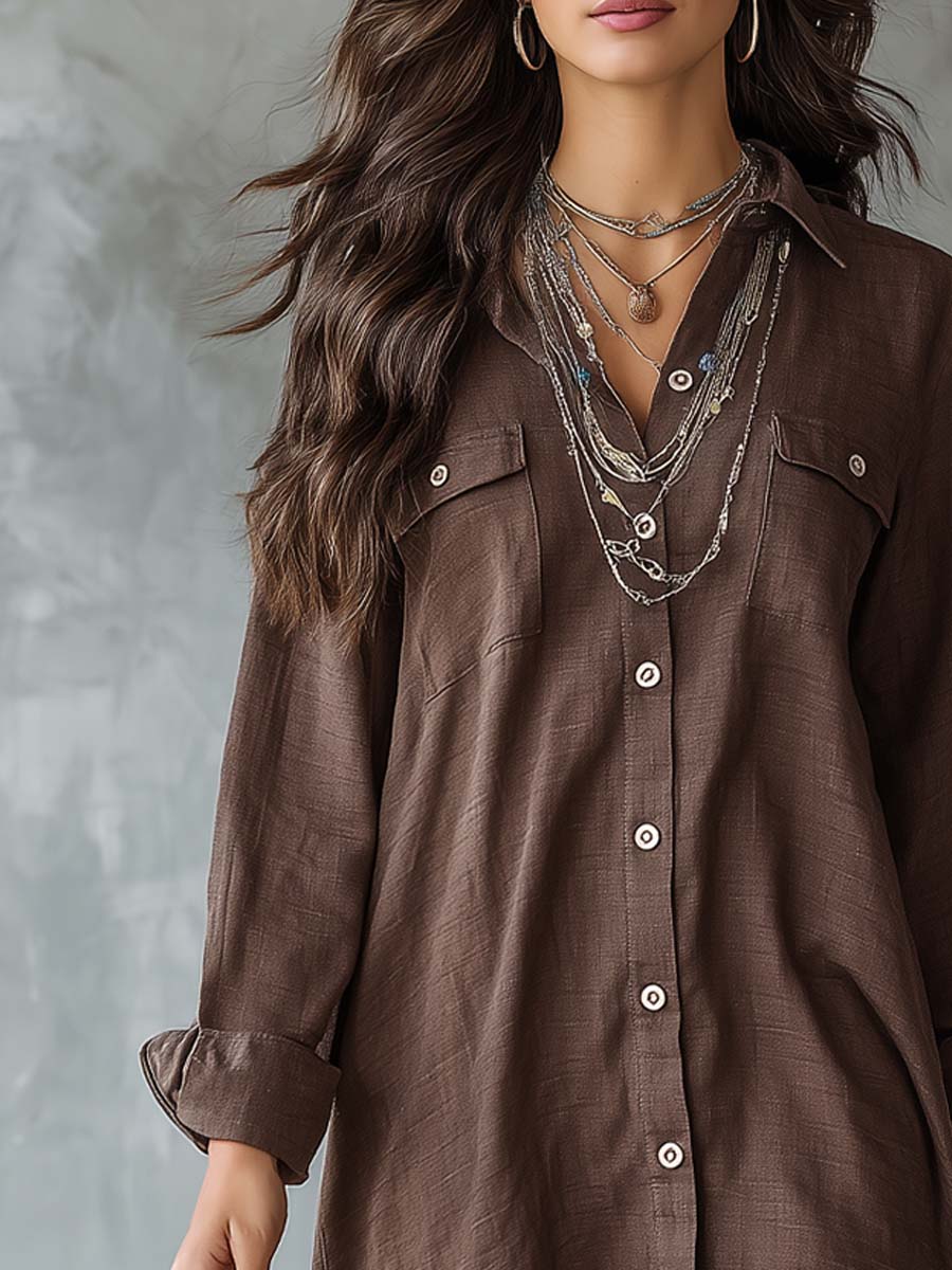 Retro Flip-top Pocket Irregular Hem Cotton Linen Mini Dress