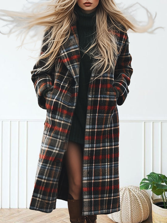 Casual Loose Retro Pocket Woolen Plaid Mid-Length Coat