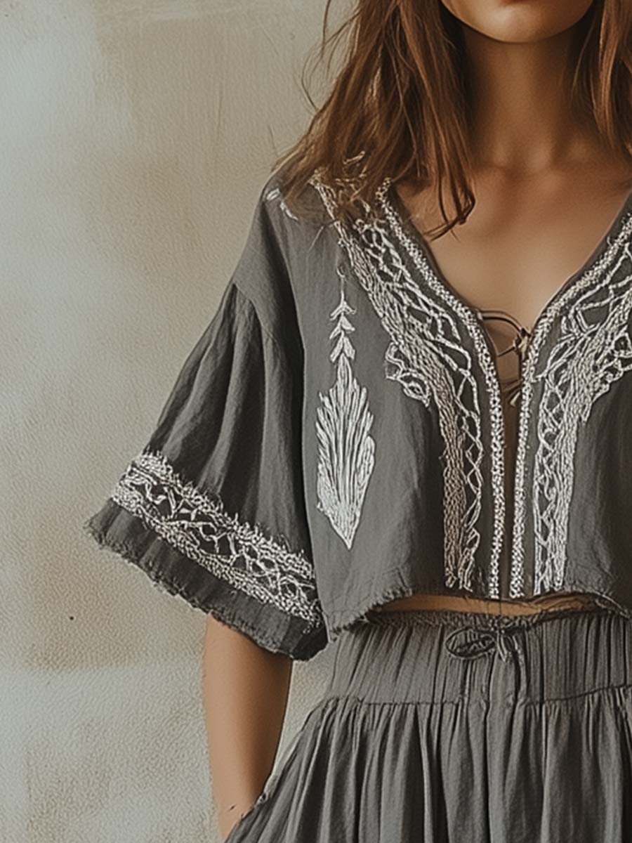 Boho Embroidered Two-Piece Maxi Set