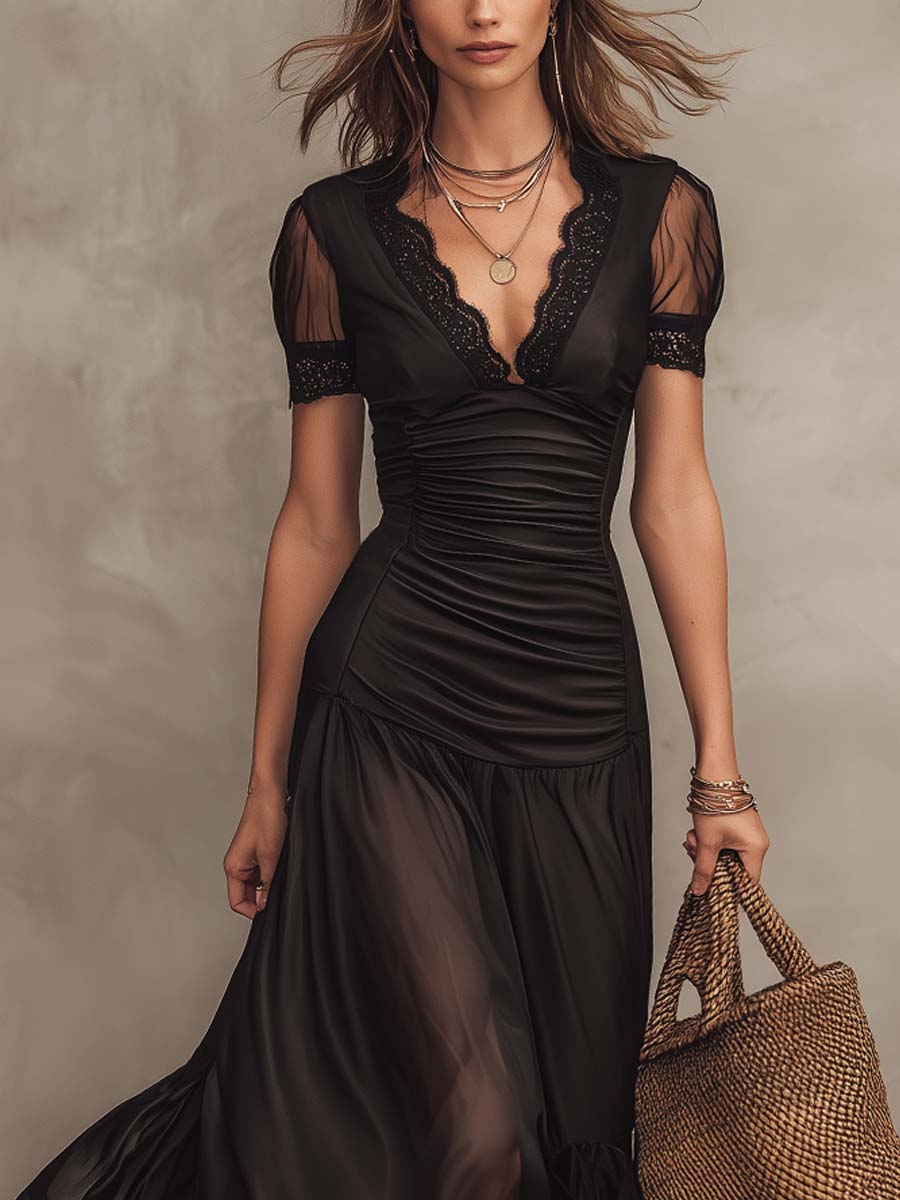 Retro Ruched Waist Sheer Hem Polyester Satin Midi Dress