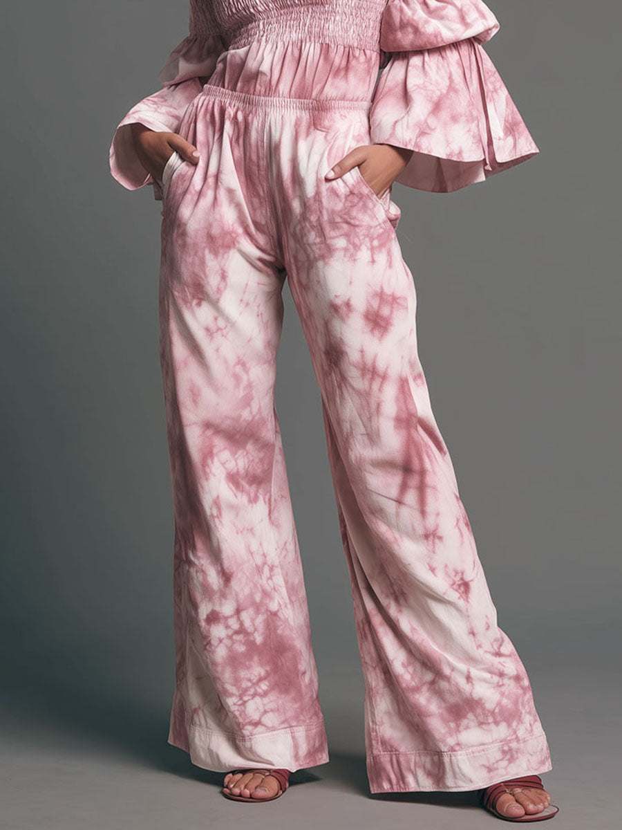 Boho Rose Tie-Dye Off-Shoulder Smocked Jumpsuit With Flared Sleeve