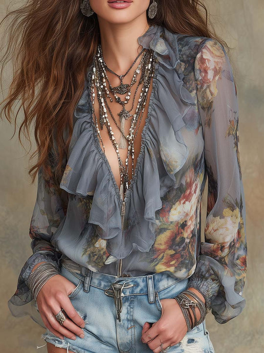 Romantic Bohemian Dusty Blue Floral Ruffle Chiffon Top