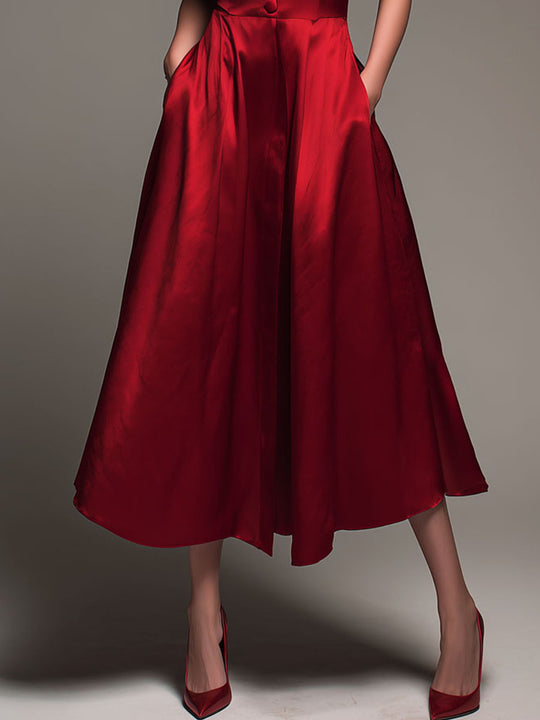 Elegant Red Satin Sleeveless Collared Fit-and-Flare Midi Dress