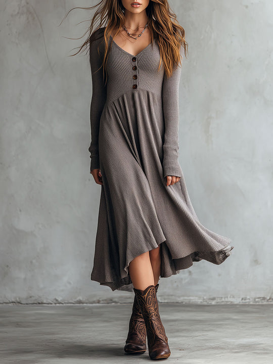 Elegant Taupe Ribbed Texture Fit-and-Flare Midi Dress