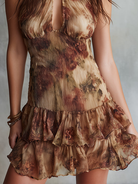 Oil Painting Floral Print Crinkled Chiffon Layered Ruffle Mini Dress
