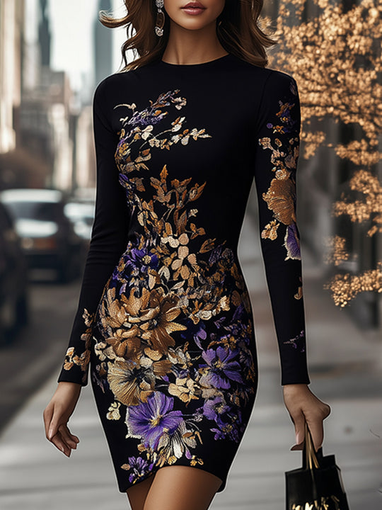 Elegant Round Neck Floral Long Sleeve Bodycon Dress