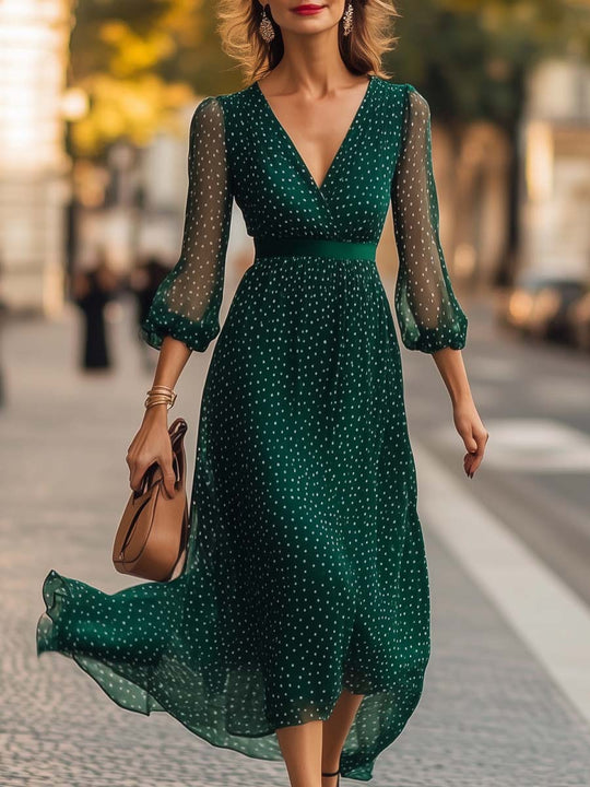 Polka Dot Elegant Green Midi Dress