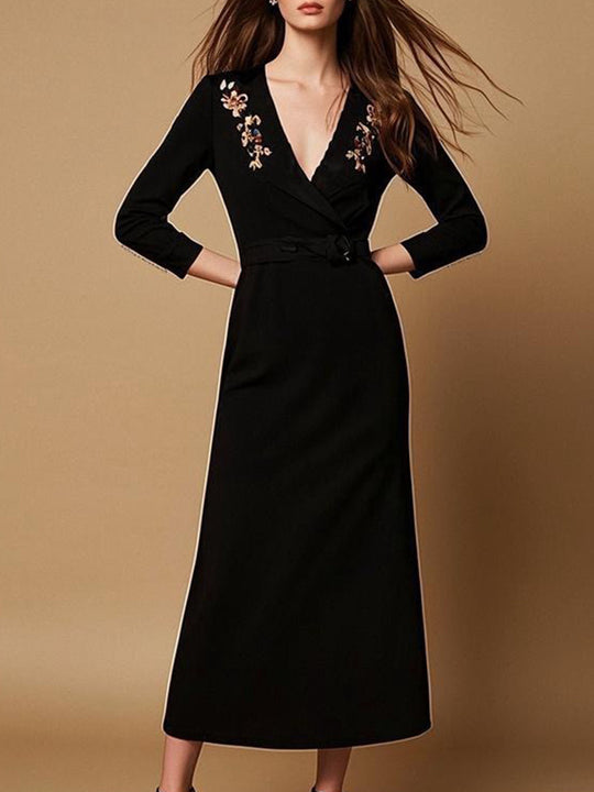 Classic Floral Embroidered Black Maxi Dress