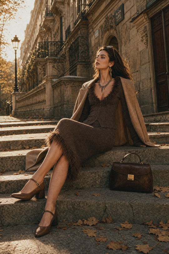 Vintage-style Ostrich Feather-trimmed Sweater & Fishtail Midi Skirt Set
