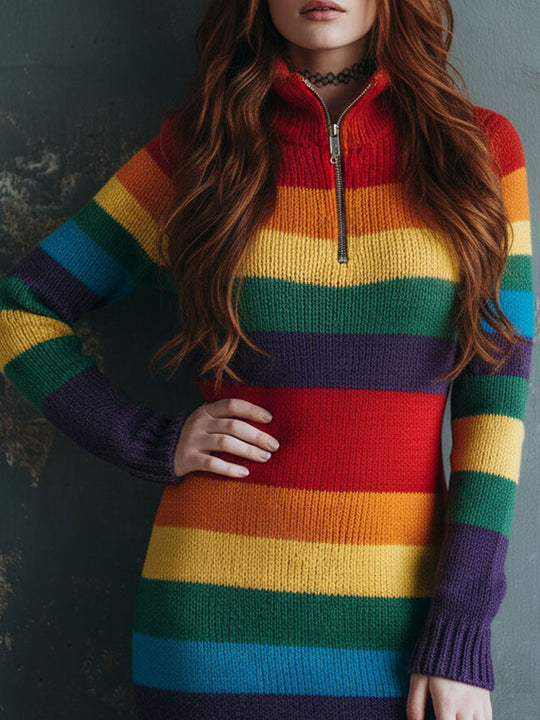 Retro Rainbow Stripe Knit Zip-Up Sweater Mini Dress