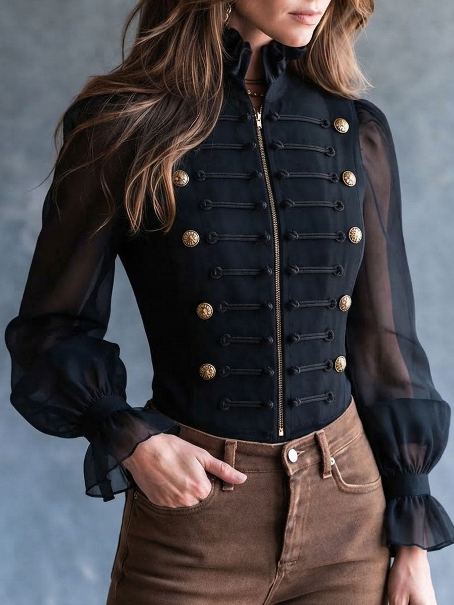 Retro Band‑Style Cropped Jacket Ruffle Stand Collar Sheer Long‑Sleeve Shirt