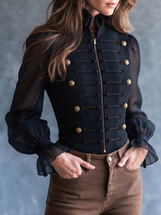 Retro Band‑Style Cropped Jacket Ruffle Stand Collar Sheer Long‑Sleeve Shirt