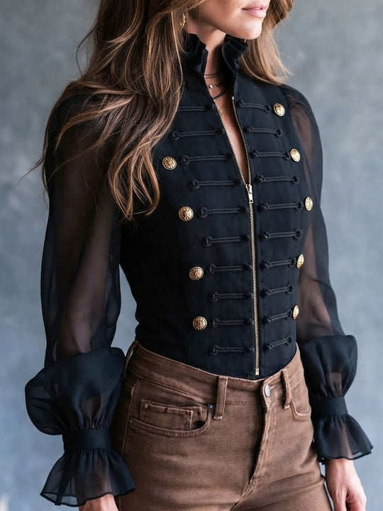 Retro Band‑Style Cropped Jacket Ruffle Stand Collar Sheer Long‑Sleeve Shirt