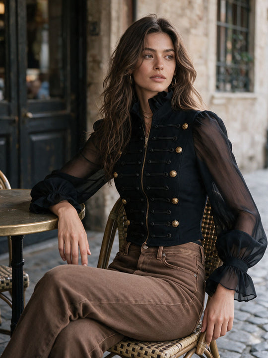 Retro Band‑Style Cropped Jacket Ruffle Stand Collar Sheer Long‑Sleeve Shirt