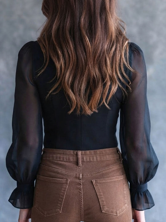 Retro Band‑Style Cropped Jacket Ruffle Stand Collar Sheer Long‑Sleeve Shirt
