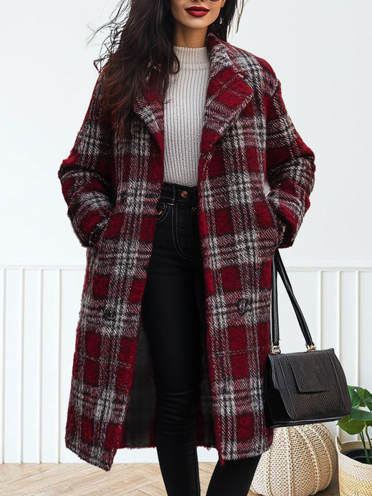 Casual Loose Retro Pocket Woolen Plaid Mid-Length Coat