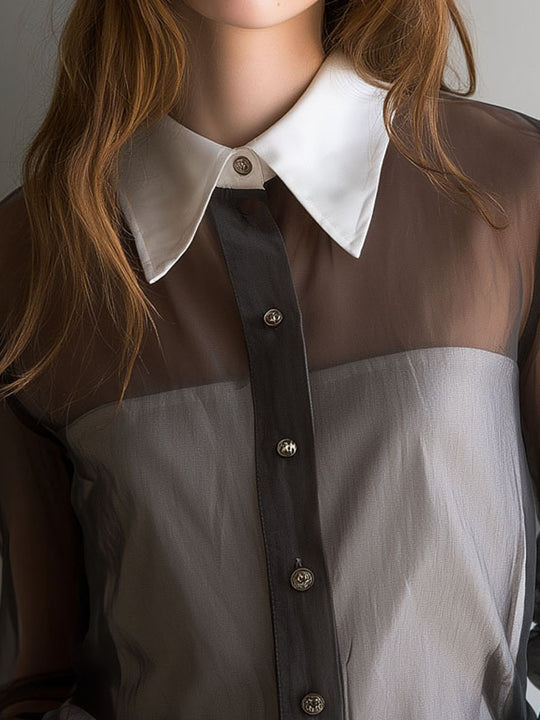 Retro Black Sheer Organza Contrast-Collar Blouse