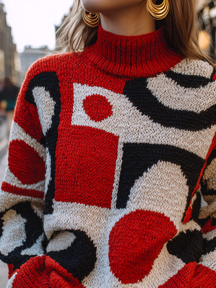 Retro Red And Black Block Abstract Geometric Knit Sweater