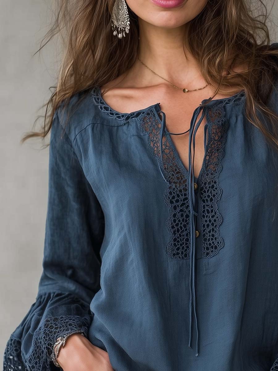 Retro Lace Collar Cotton Linen Blouse
