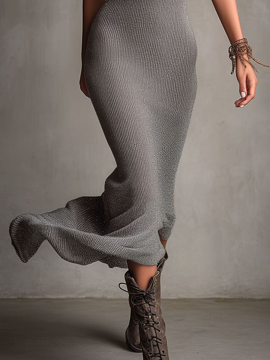 Chic Gray Textured Knit Spaghetti Slip Dress With Lace Trim