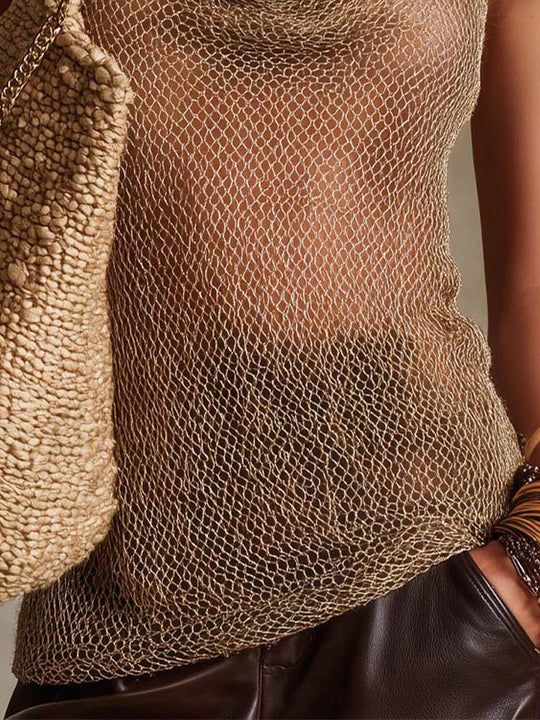 Bohemian Holiday Sheer Mesh Cowl Neck Tank Top