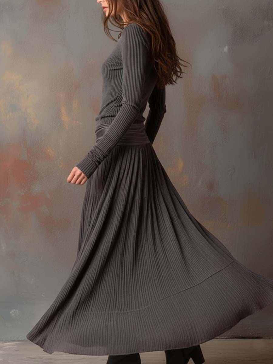 Vintage Ribbed Knit Maxi Dress In Charcoal Gray