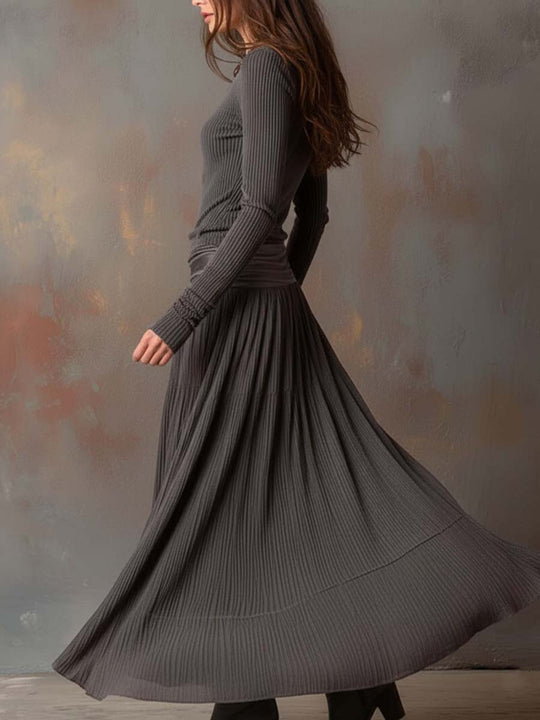 Vintage Ribbed Knit Maxi Dress In Charcoal Gray