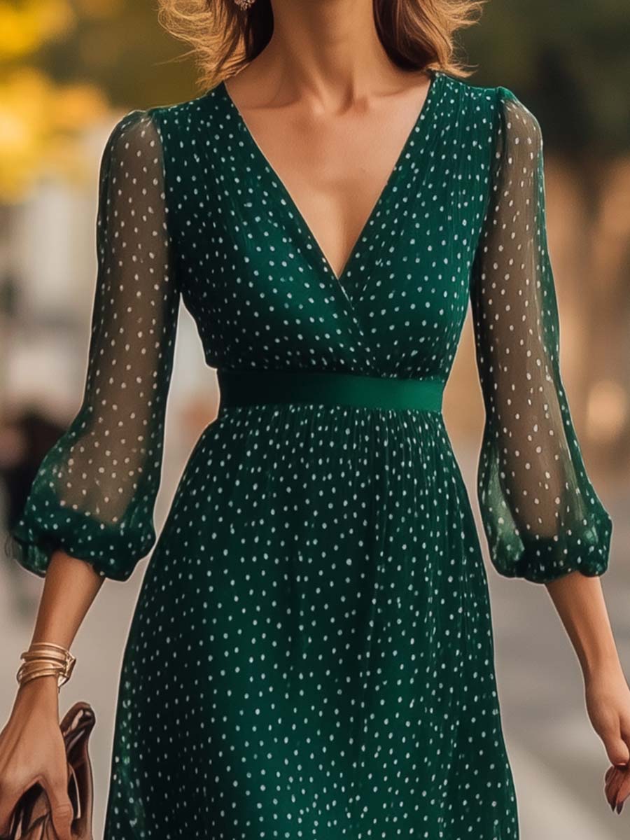 Polka Dot Elegant Green Midi Dress