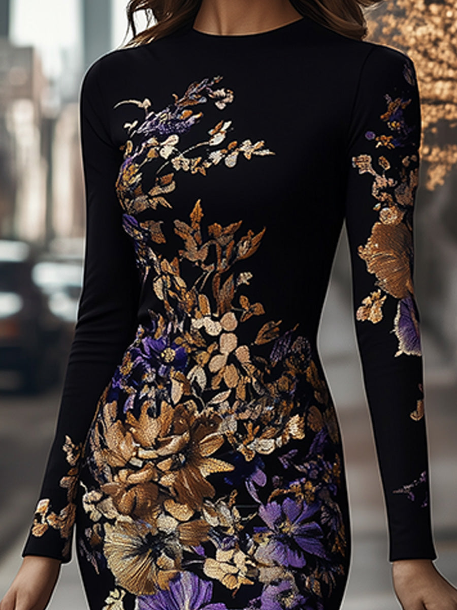 Elegant Round Neck Floral Long Sleeve Bodycon Dress