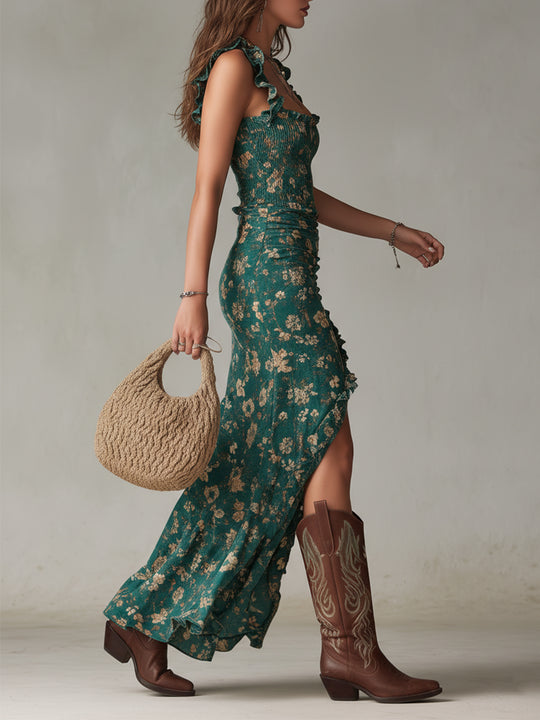 Boho Retro Ruffled Sleeves High Slit Maxi Dress