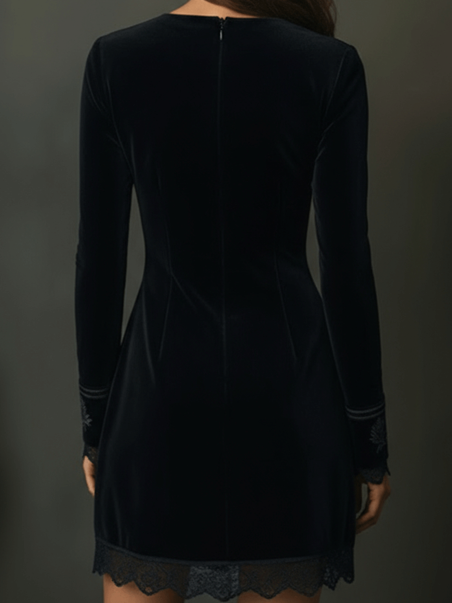Retro Black Velvet Embroidered Lace Trim Mini Dress