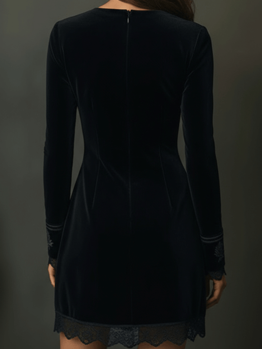 Retro Black Velvet Embroidered Lace Trim Mini Dress