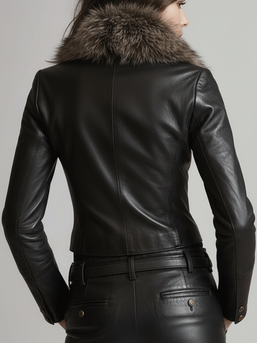 Vintage Black Military Leather Faux Fur Collar Jacket