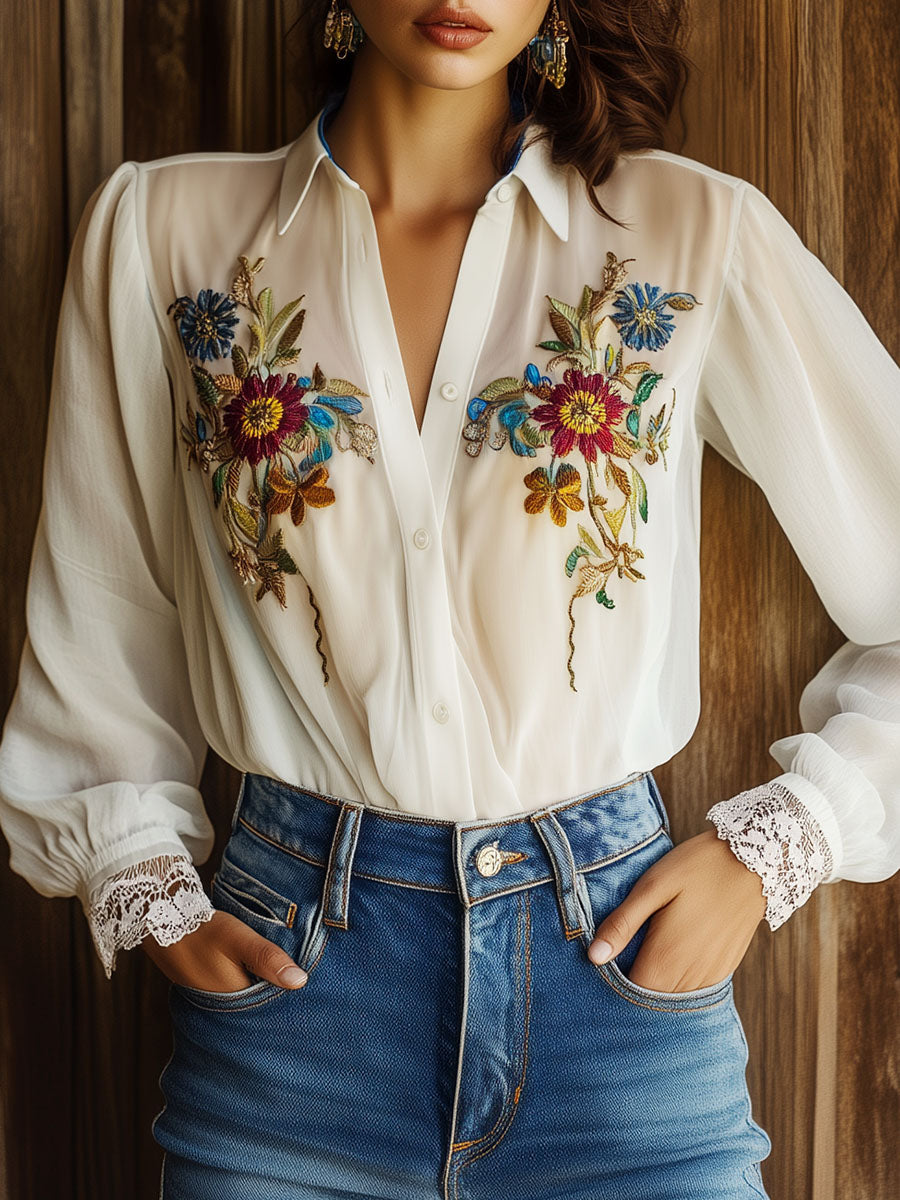 Boho Floral Embroidery Lace Trim Chiffon Shirt