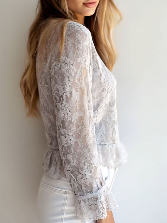 Stylish V-neck Button Down Long Sleeve Lace Shirt