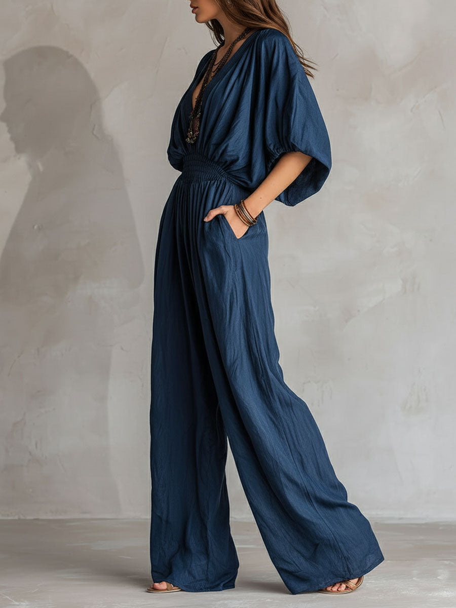 Bohemian Indigo Smocked Waist Jumpsuit