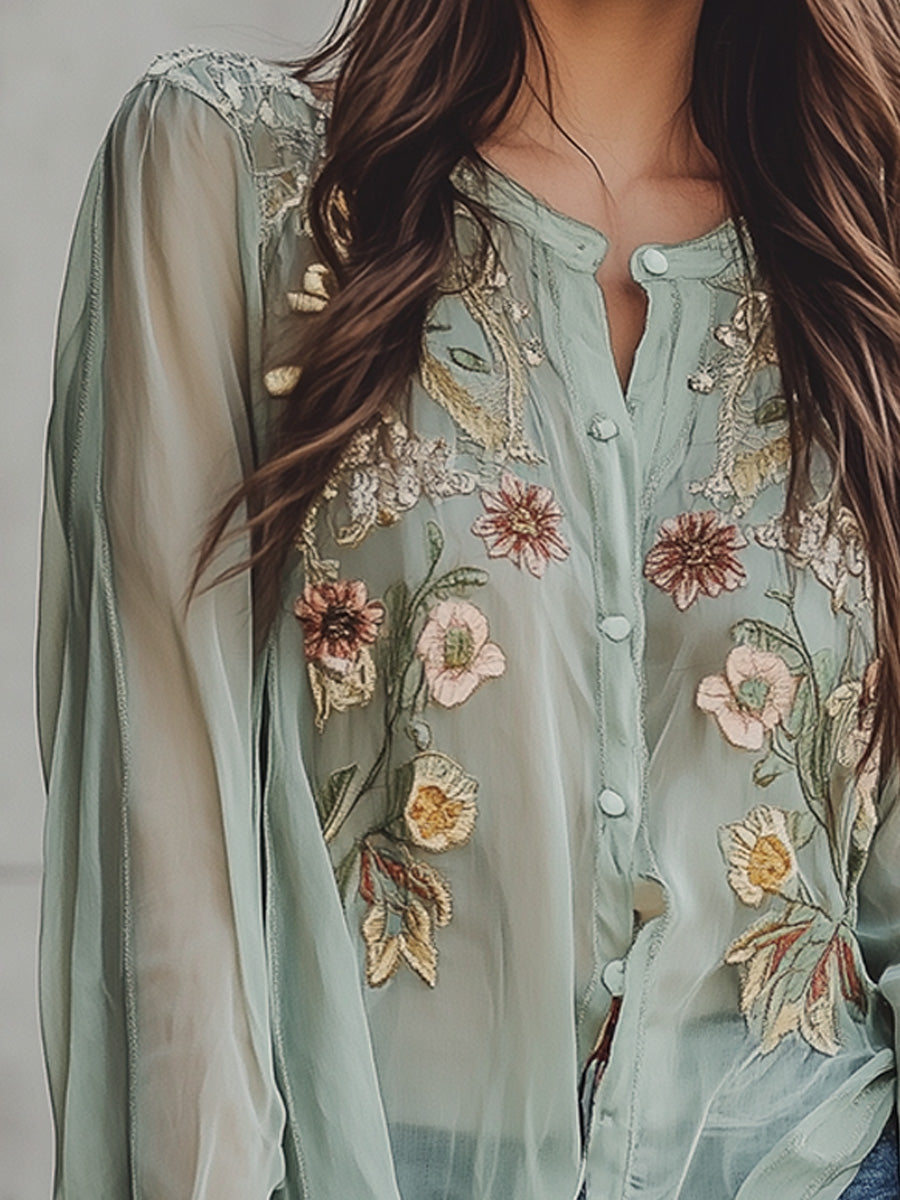 Casual Floral Embroidered Lace Cuff Shirt