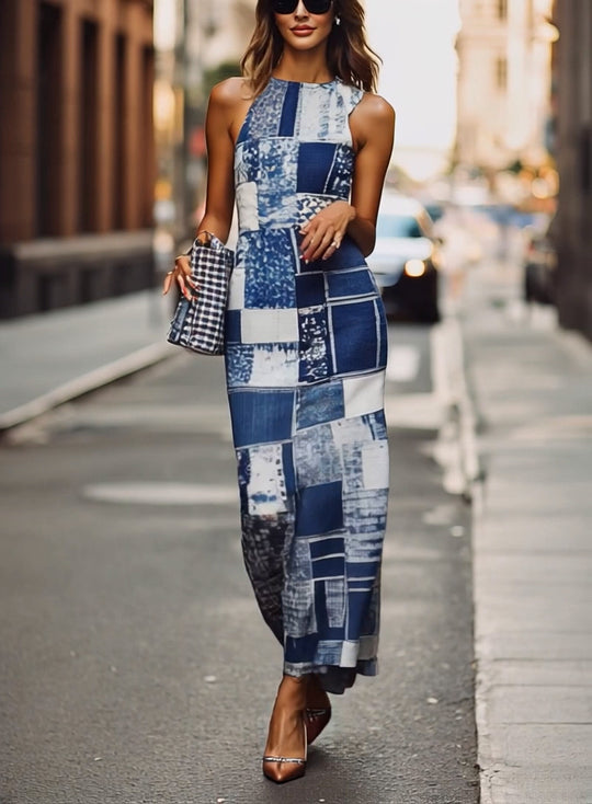 Fashionable Suspender Patchwork Print Maxi Dress