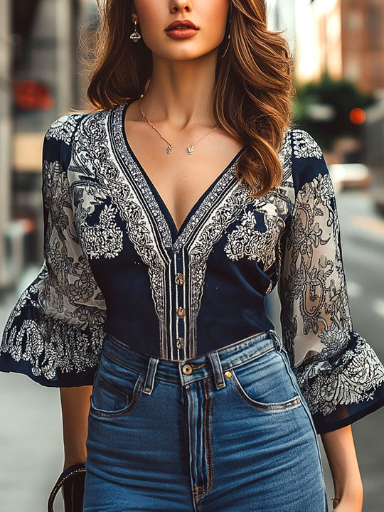 Boho V-neck Ruffled Cuffs Buttons Chiffon Shirt