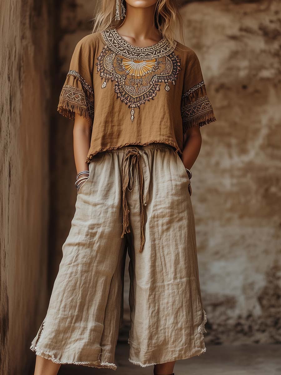 Boho Wide-Leg Linen Pants