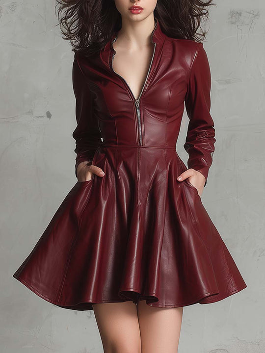 Vintage Zipper Collar Faux Leather Flare Hem Mini Dress